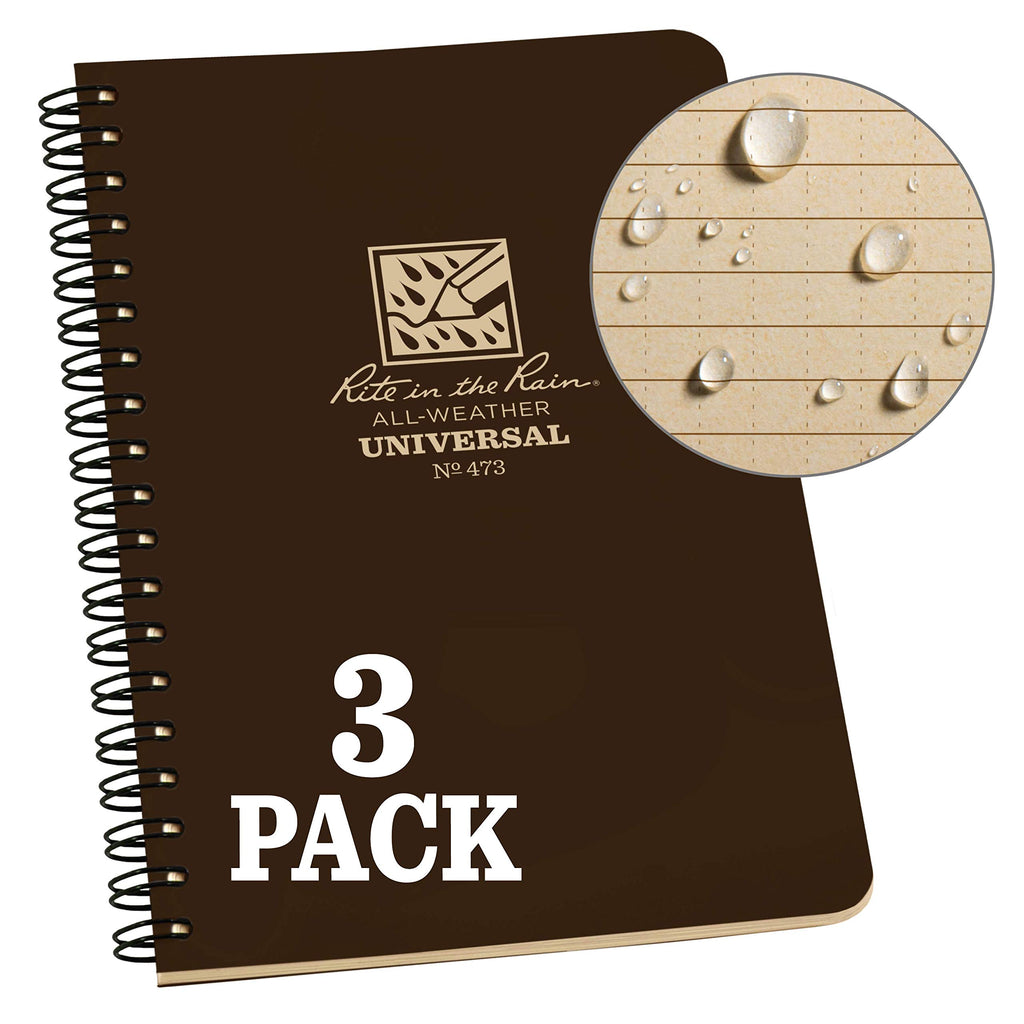 Rite In The Rain Weatherproof Side Spiral Notebook, 4.625' X 7', Brown Cover, Universal Pattern, 3 Pack (No. 473L3)