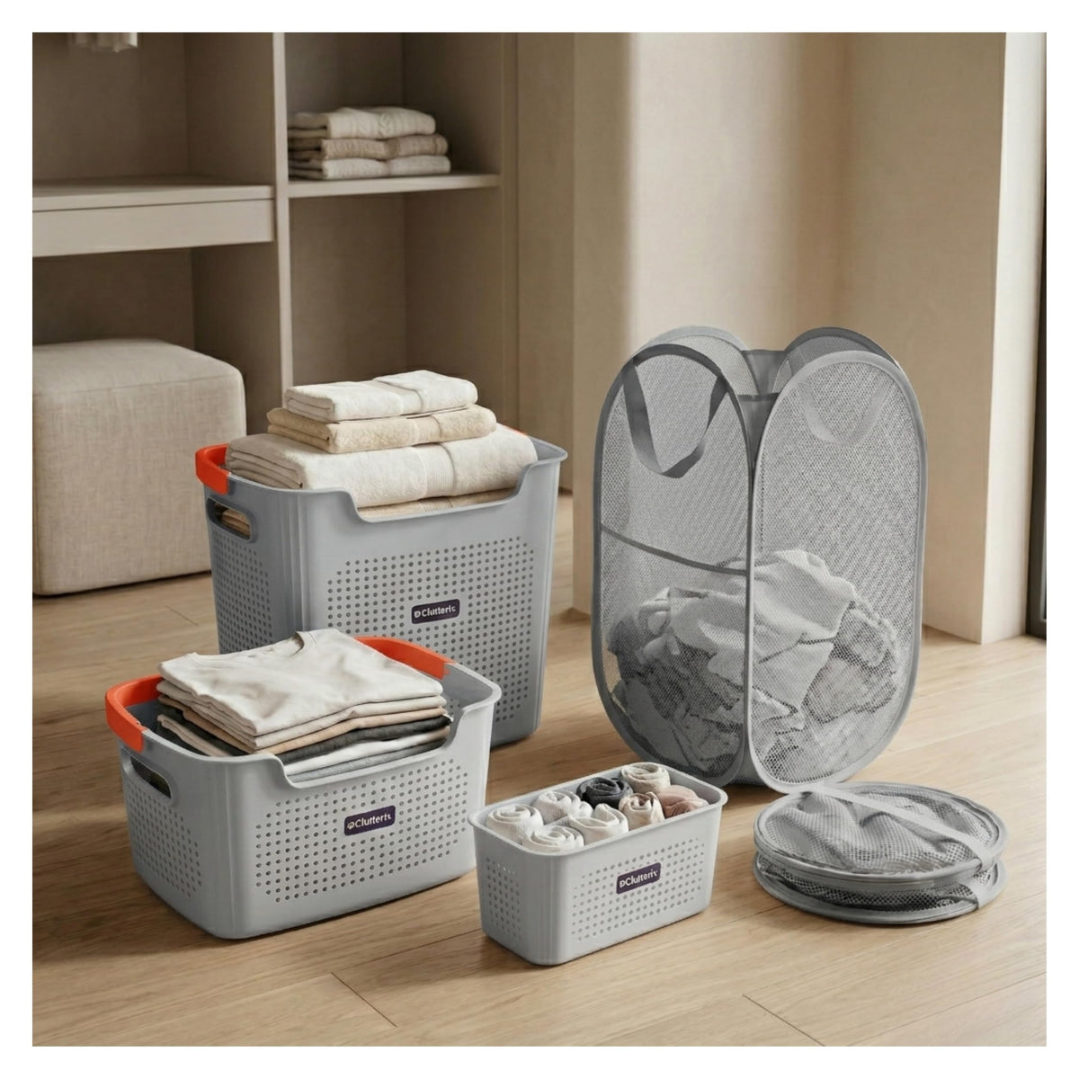 Clutterix Laundry Basket Set with Handles, 3 Ventilated Plastic Baskets (30L, 17L & 4L ClipOn) and 55L Collapsible Mesh Hamper,