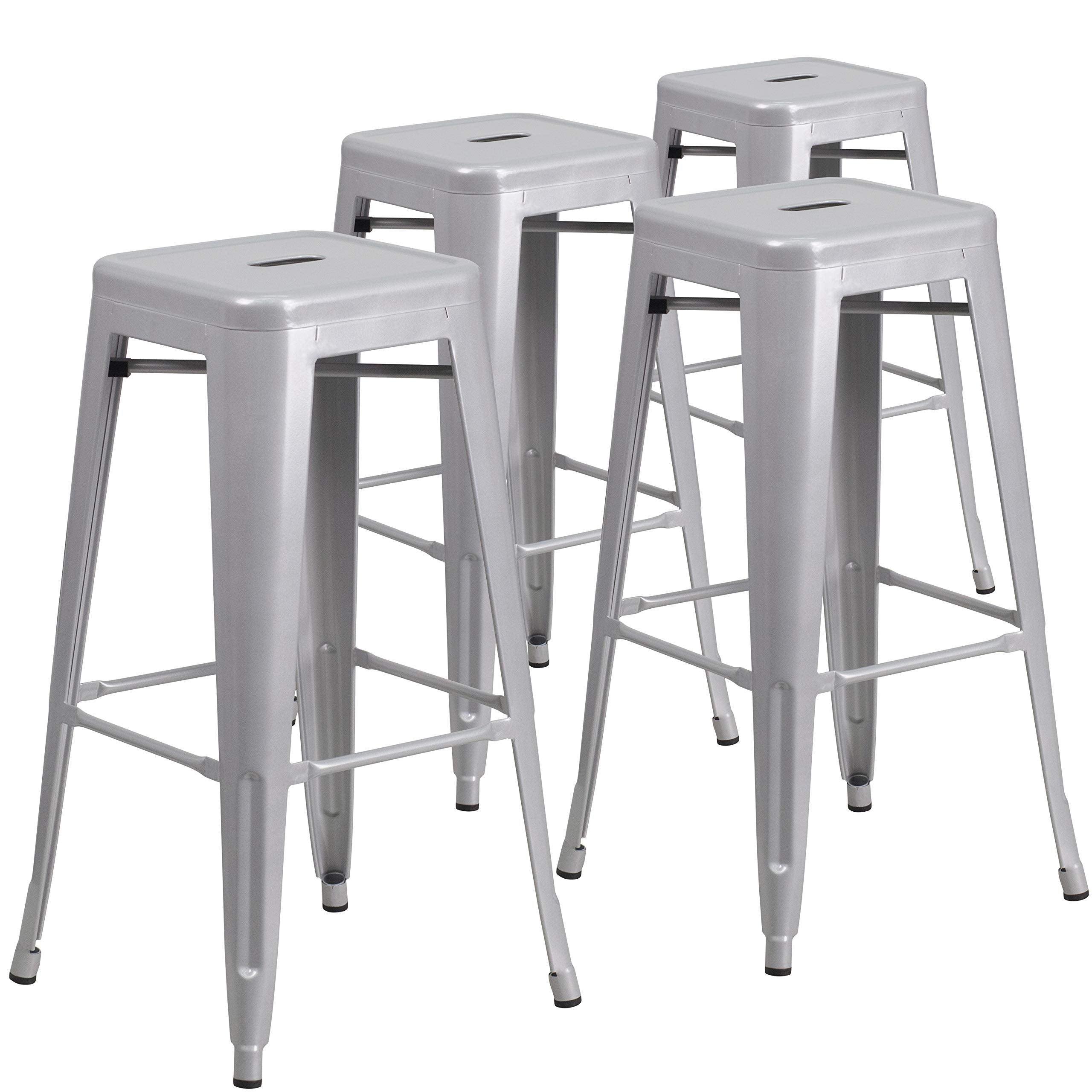 Flash Furniture Lily 4 Pack Commercial Grade 30 High Backless Silver Metal Indoor-Outdoor Barstool with Square Seat
