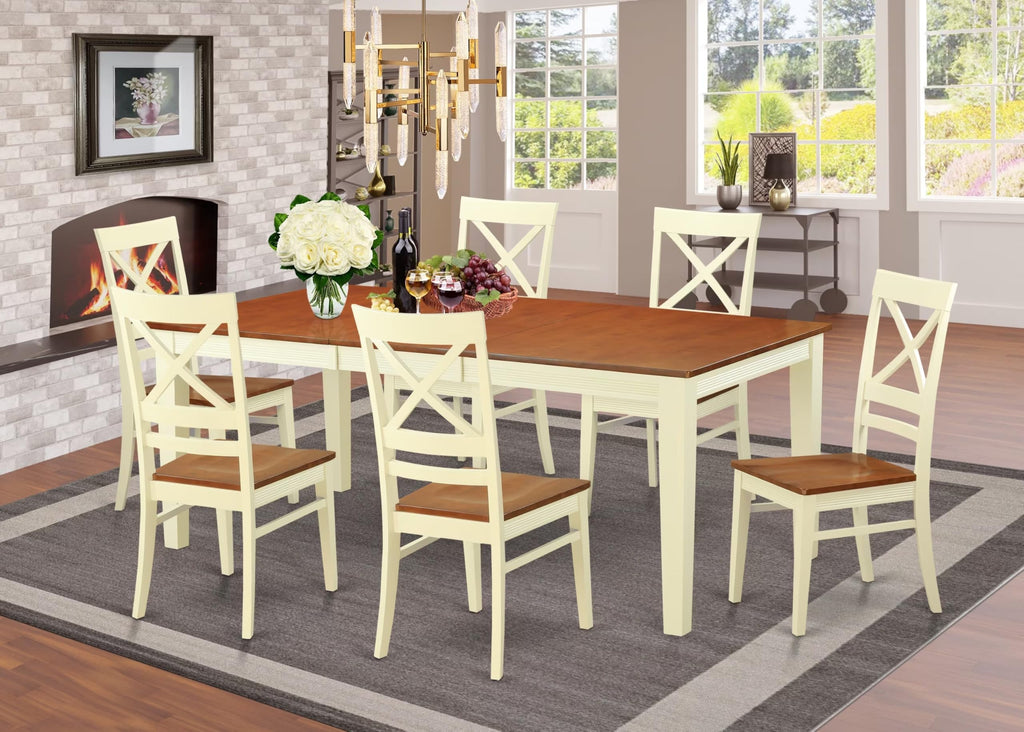 East West Furniture QUIN7-WHI-W 7 Piece Dining Set Consist of a Rectangle Dining Room Table with Butterfly Leaf and 6 Wood Seat Chairs, 40x78 Inch, Buttermilk & Cherry