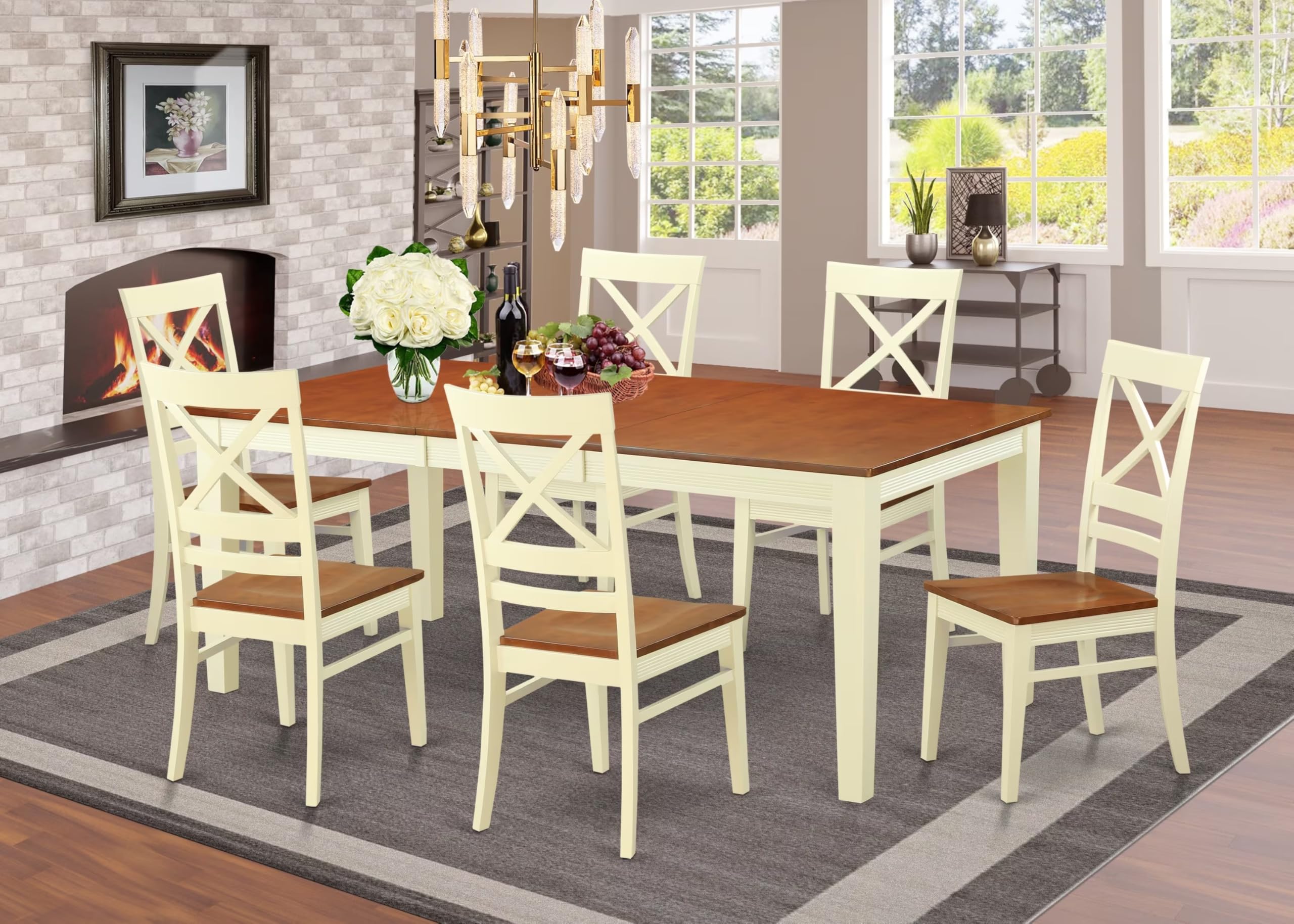 East West Furniture QUIN7-WHI-W 7 Piece Dining Set Consist of a Rectangle Dining Room Table with Butterfly Leaf and 6 Wood Seat Chairs, 40x78 Inch, Buttermilk & Cherry