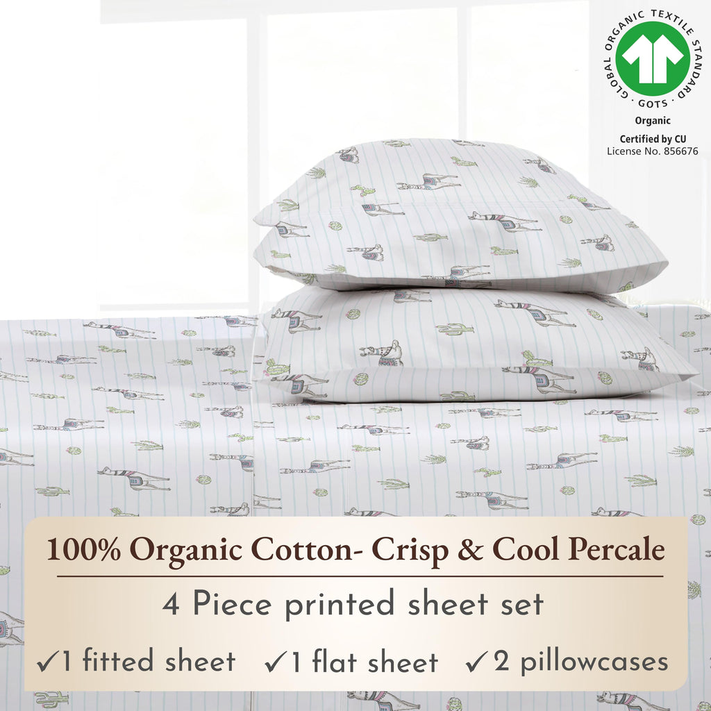 California Design Den Printed Full Size Cotton Sheet Set, 100% Organic Cotton Percale Sheets, Deep Pocket Sheets & Pillowcase Set - Llama