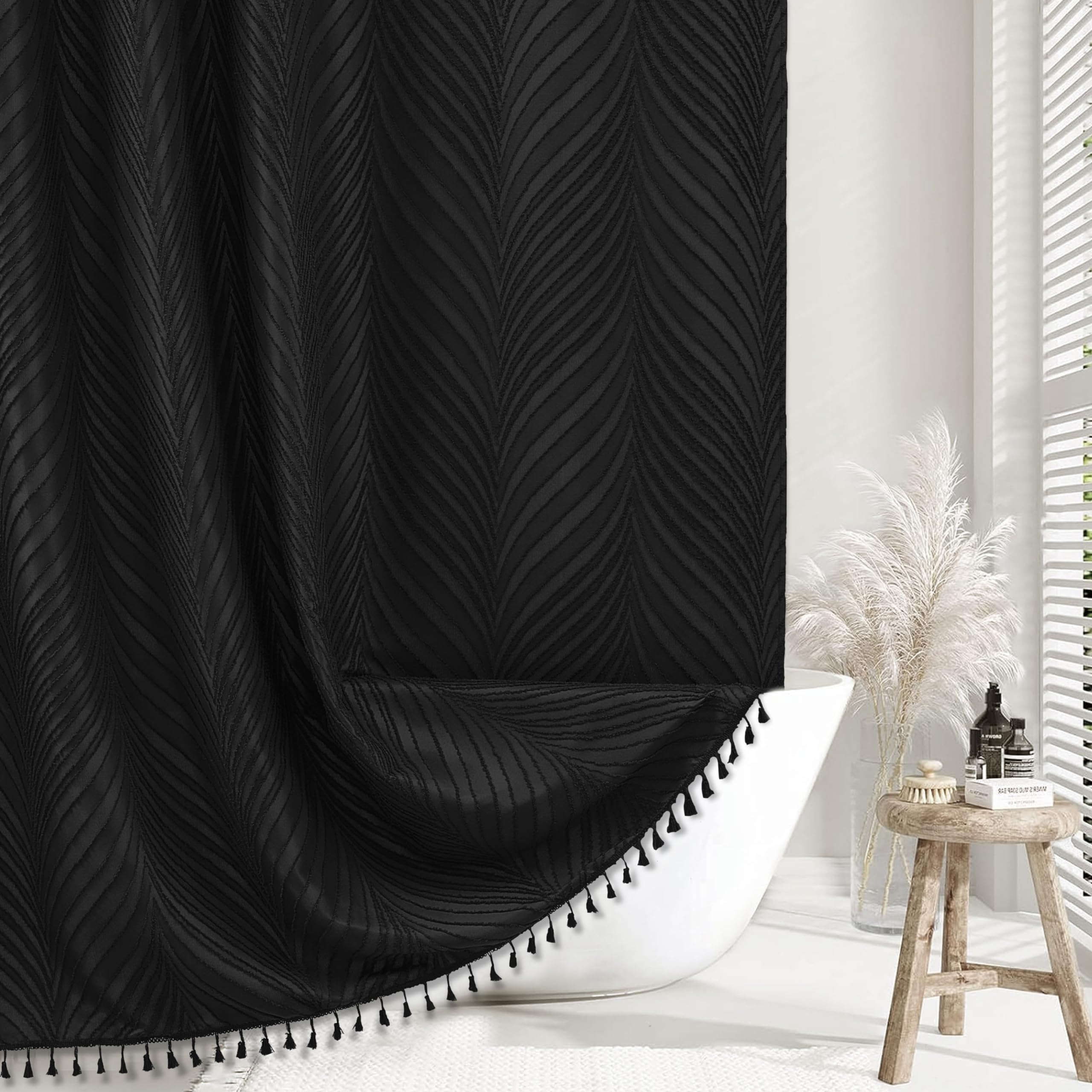 Siiluminisoy Extra Long Black Boho Shower Curtain Woven Fabric Cute 84 Inch Shower Curtain, 72 X 84 Tufted Leaves Textured Strip