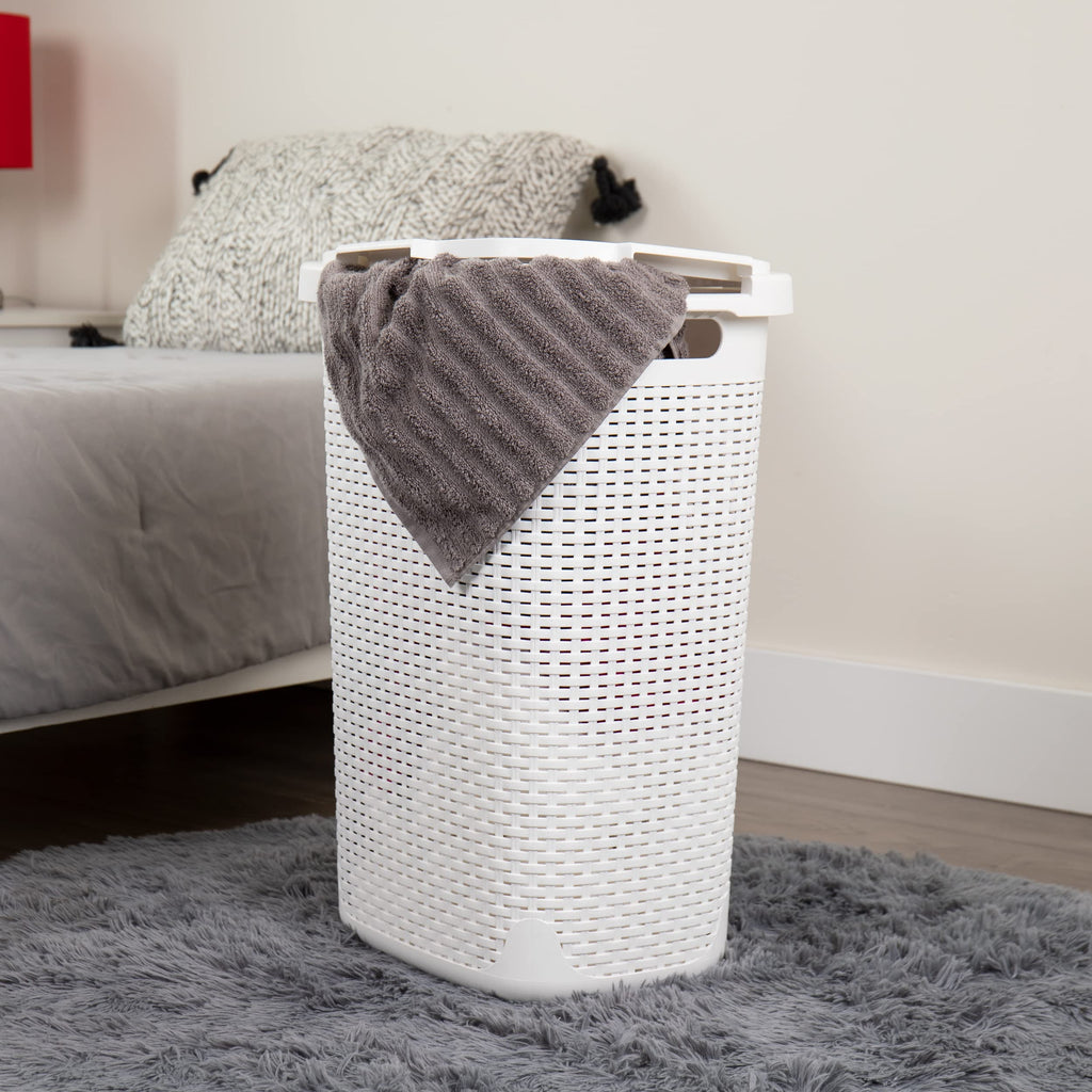 Mind Reader 60L Slim Laundry Hamper, Clothes Basket, Lid, Wicker Style, Plastic, 17.65''L X 13.75''W X 24.15''H, Set Of 2, White