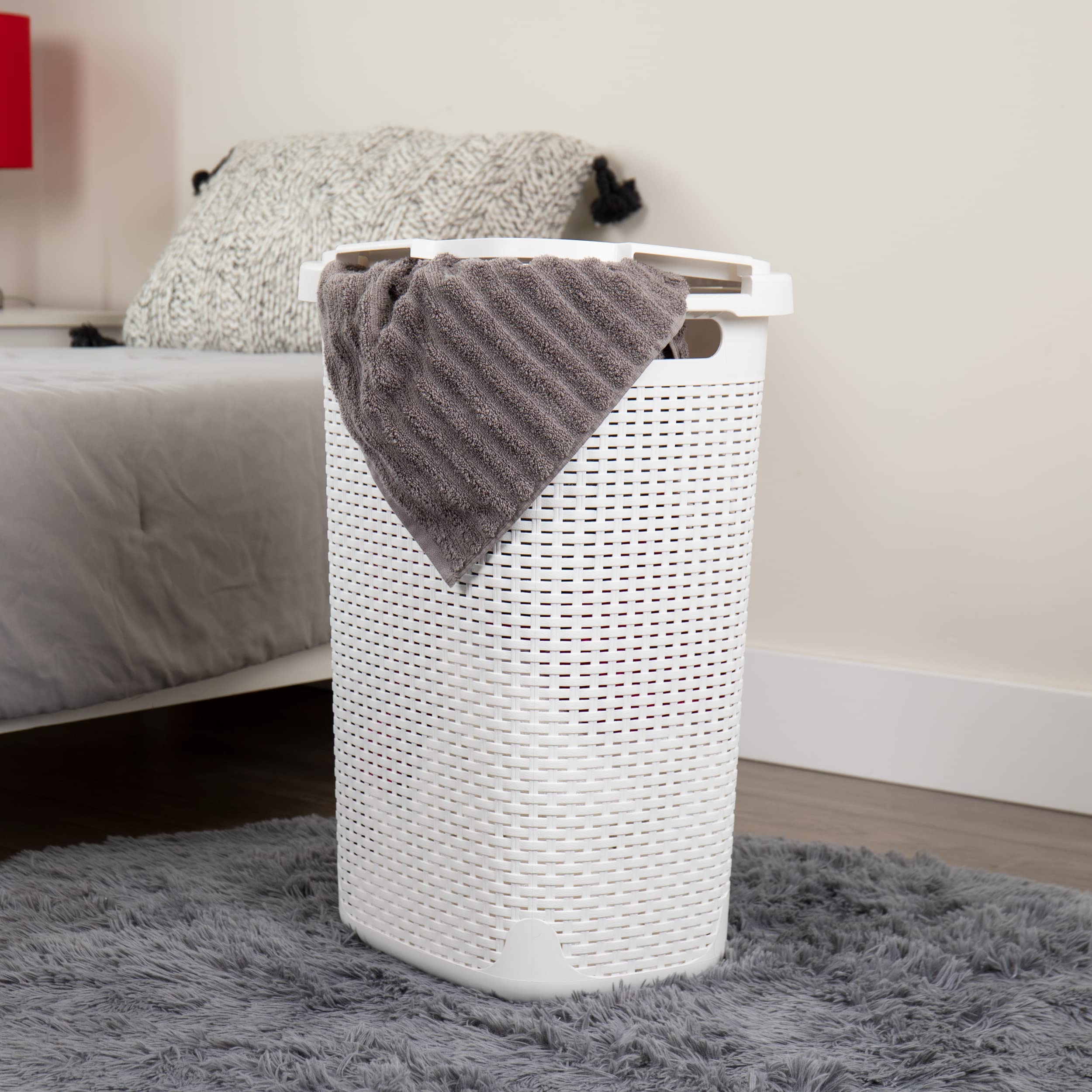 Mind Reader 60L Slim Laundry Hamper, Clothes Basket, Lid, Wicker Style, Plastic, 17.65''L X 13.75''W X 24.15''H, Set Of 2, White