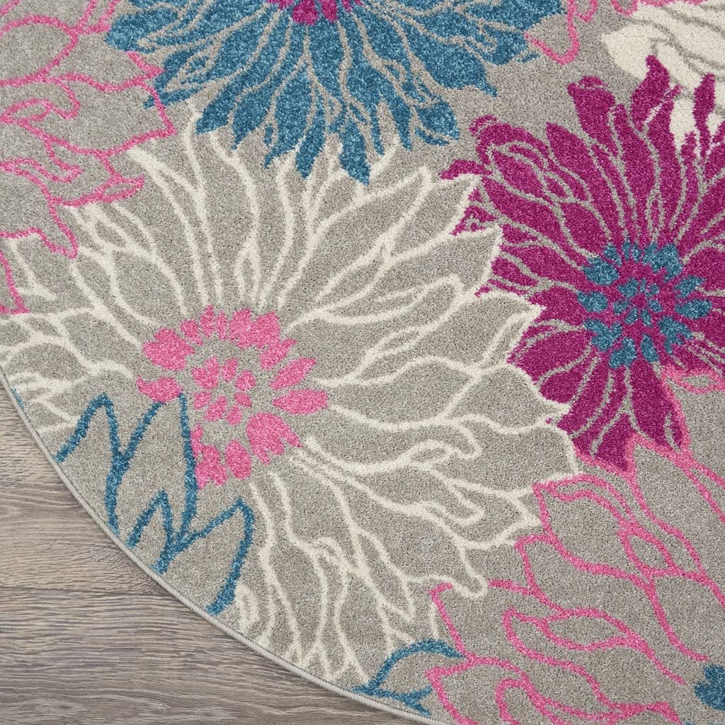 HomeRoots Grey 100% Polypropylene 5’ Round Gray and Pink Tropical Flower Area Rug