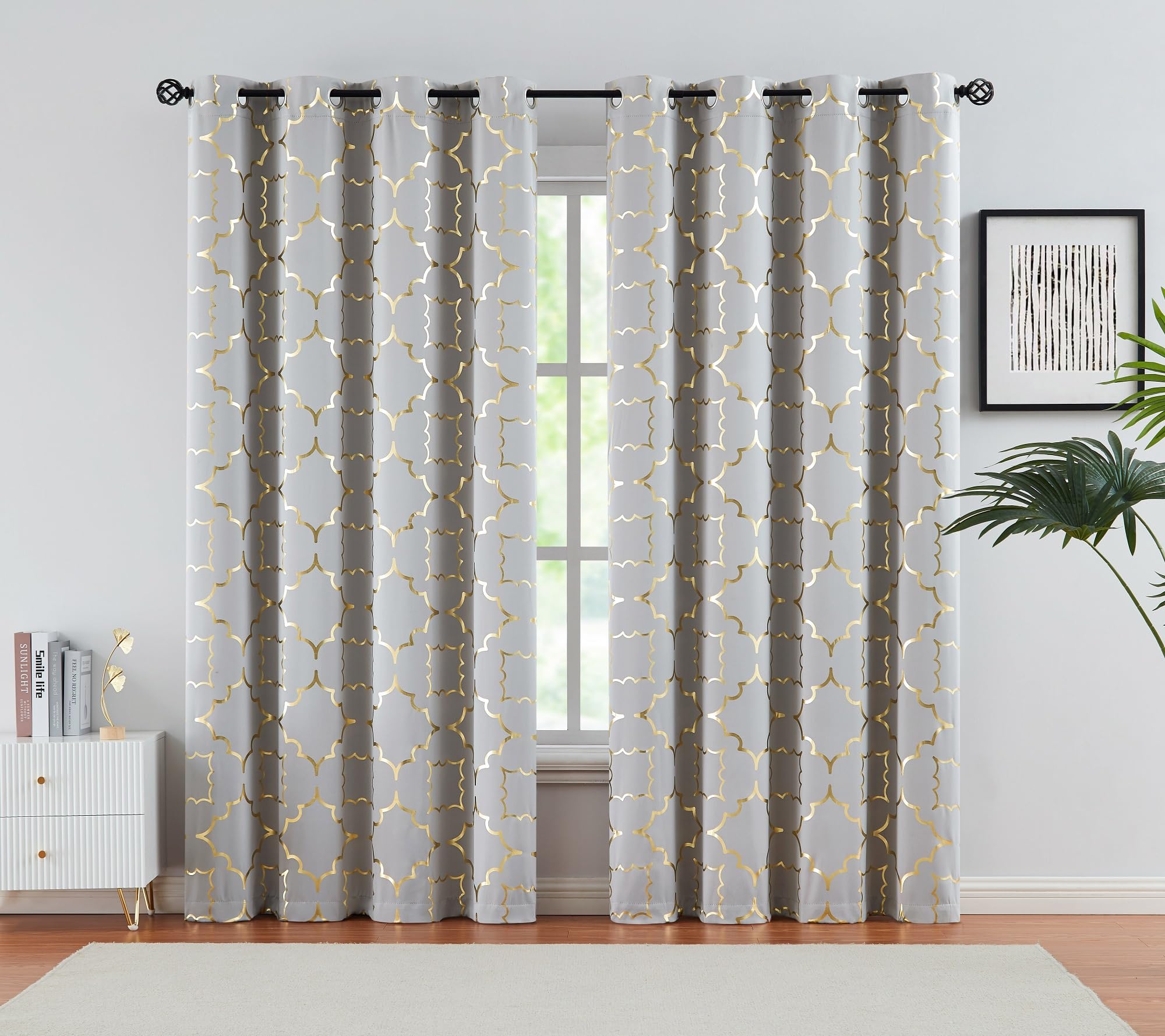 Foil Gold Blackout Window Curtains For Bedroom Living Room 108Inch Long Modern Metallic Print Thermal Insulated Drapes Privacy P