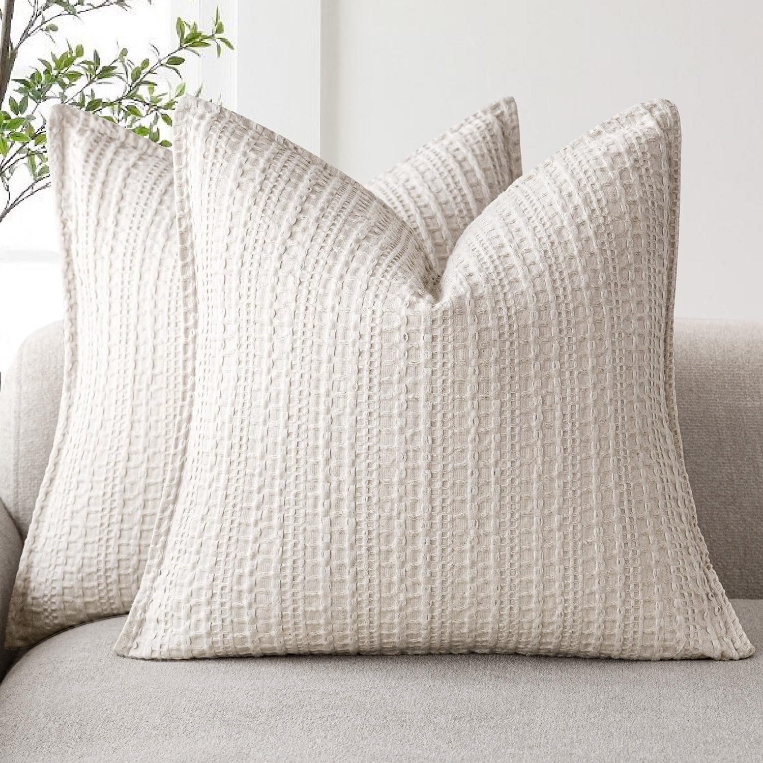 Foindtower Set Of 2 Decorative Cotton Waffle Weave Textured Throw Pillow Covers Euro Sham Cushion Covers Accent European Pillowc