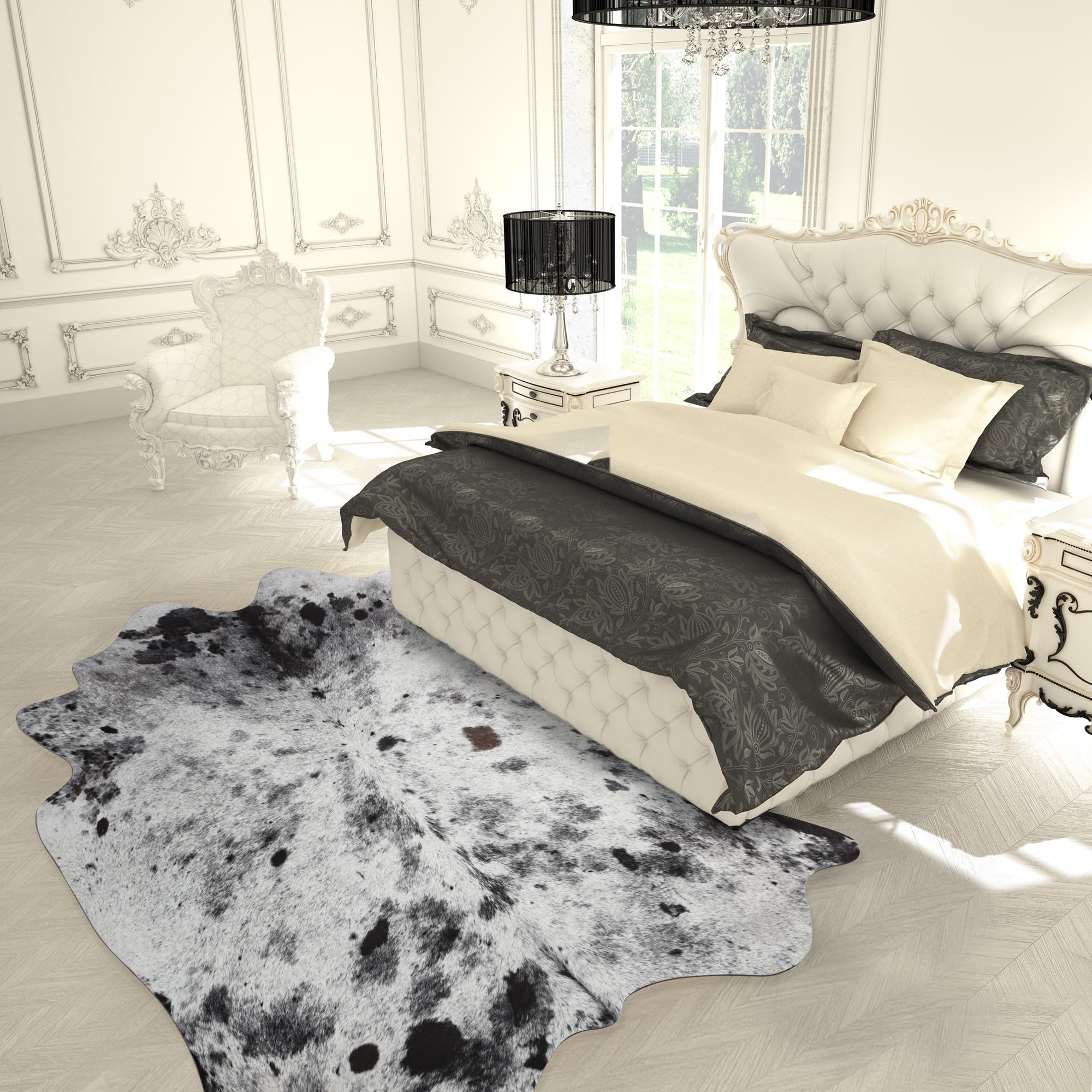 NEOCOZY Exquisite Cowhide Rug, 4 x 5.2 ft Faux Cowhide Rug for Living Room Bedroom, Cow Print Rug for Wall, Non-Slip, Grey White