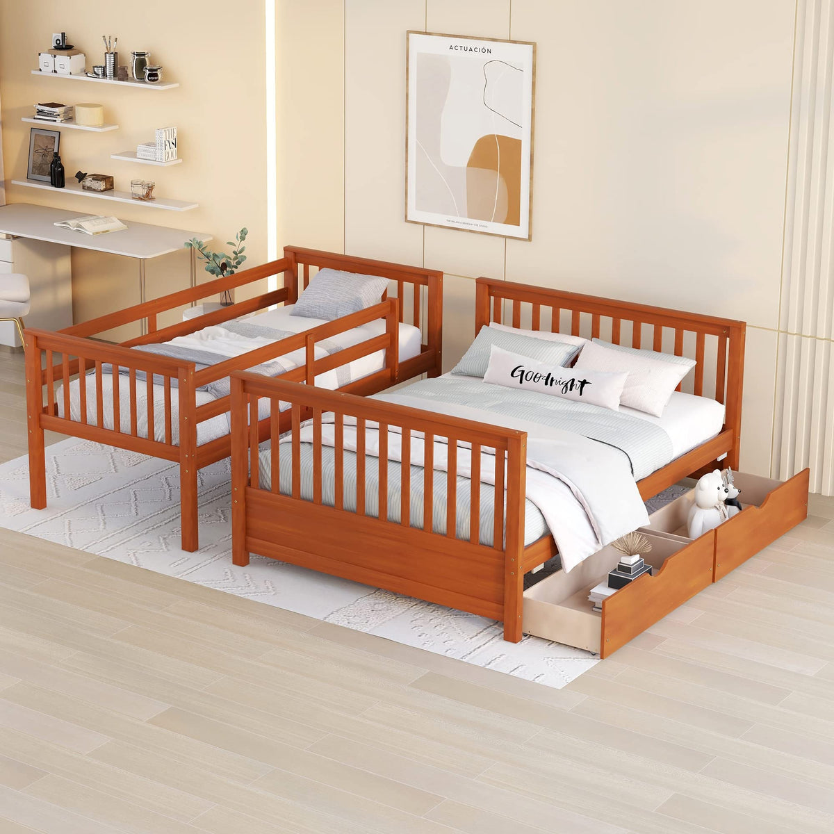 Merax Wood Bunk Bed With Drawers,Convertible Wood Bunk Bed With Ladders And Two Storage Drawers,Solid Wood Detachable Bunk Bed Frame With Ladders,Twin Over Full Size,Walnut