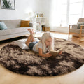 Tie-Dyed Coffee Fluffy Round Rug,Soft Area Rugs for Girls Room,Shaggy Rugs 4'X4' for Living Room,Non Slip Circle Rug for Kids Be