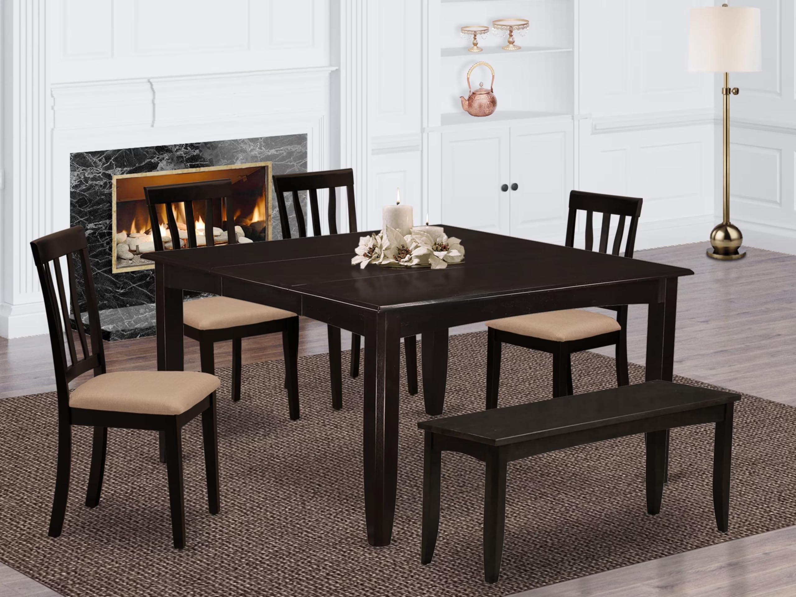 East West Furniture PFAN6-CAP-C 6 Piece Dining Set Contains a Square Dining Room Table with Butterfly Leaf and 4 Linen Fabric Kitchen Chairs with a Bench, 54x54 Inch, Cappuccino