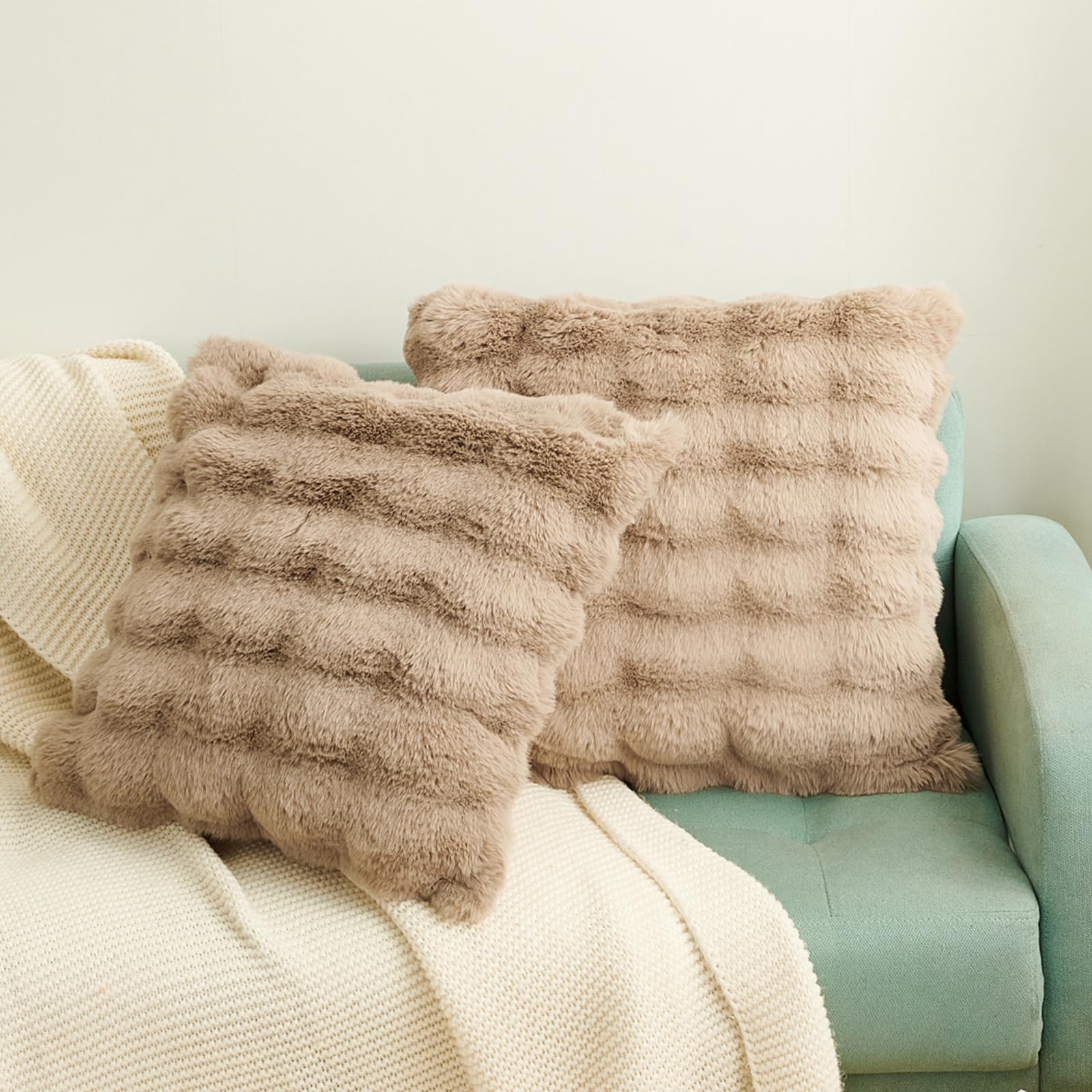 Hyseas Faux Rabbit Fur Throw Pillow Covers 20 X 20 Inches, Taupe, Set Of 2 Soft Comfortable Fluffy Cozy Elegant Decorative Pillo