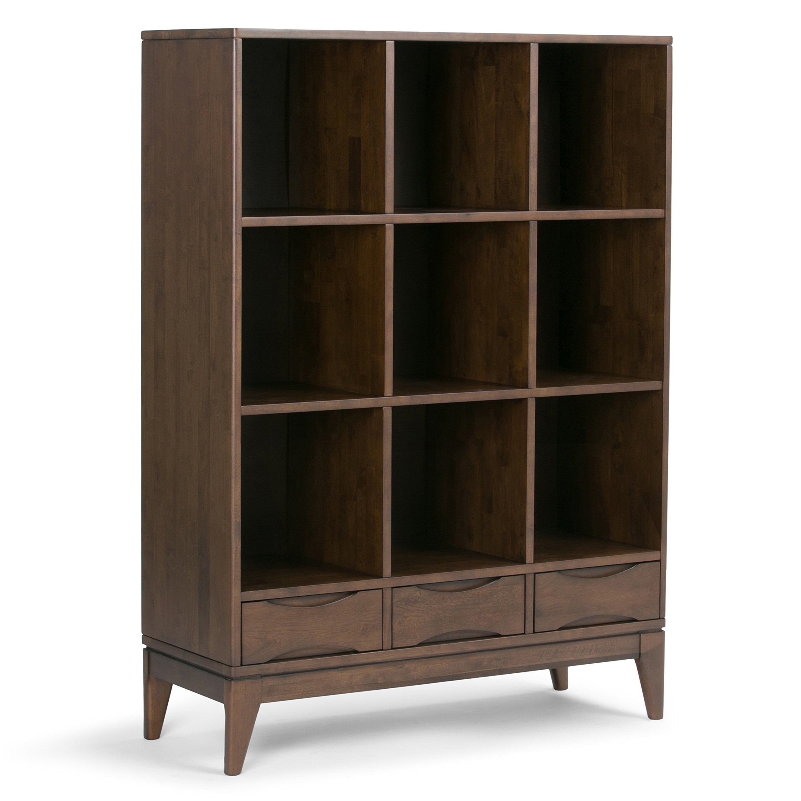 SIMPLIHOME Harper SOLID HARDWOOD 58 inch x 42 inch Mid Century Modern Cube Storage Bookcase with Drawers in Walnut Brown for the