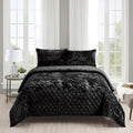 Fredsure Distressed Velvet Quilt Set, 3 Pieces Black King, Distressed Velvet Face And Brushed Microfiber Reverse With Diamond Qu