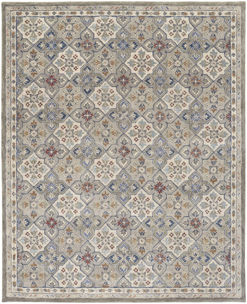 HomeRoots 514800 8 x 10 ft. Taupe Ivory & Red Wool Patchwork Hand Tufted Handmade Stain Resistant Rectangle Area Rug