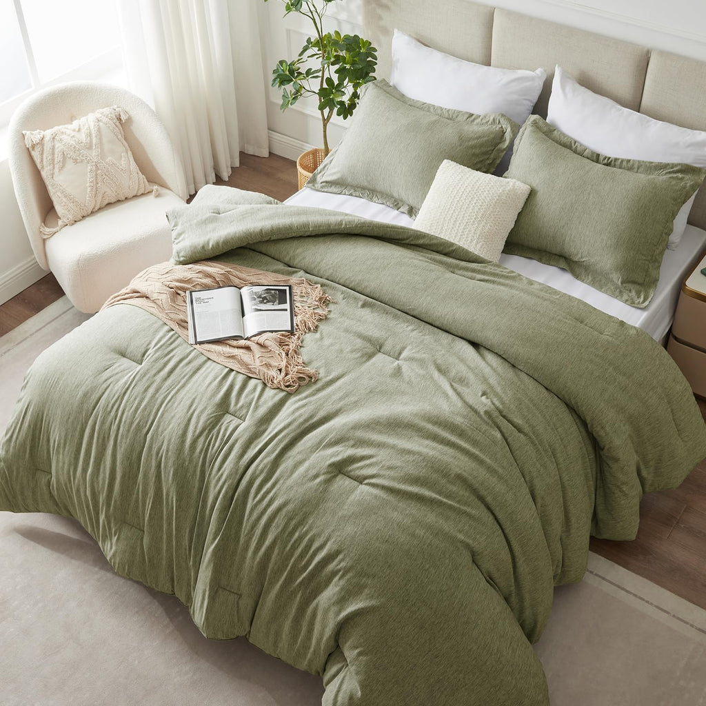 Cozylux King Size Comforter Set - 3 Pieces Olive Green Soft Luxury Cationic Dyeing Bedding Comforter For All Season, Breathable Lightweight Fluffy Boho Bed Sets With 1 Comforter And 2 Pillow Shams