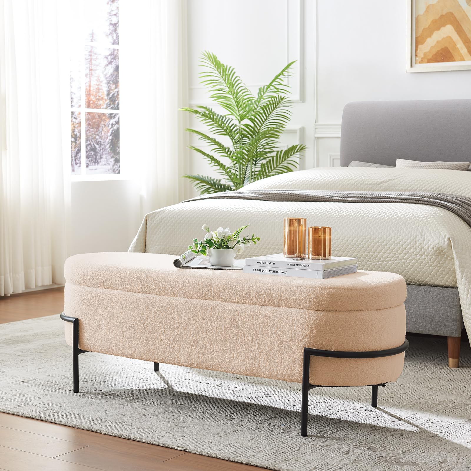 FiveWillowise Sherpa Storage Ottoman Bench for Bedroom, Beige End of Bed Bench with Storage, Upholstered Boucle Storage Bench wi