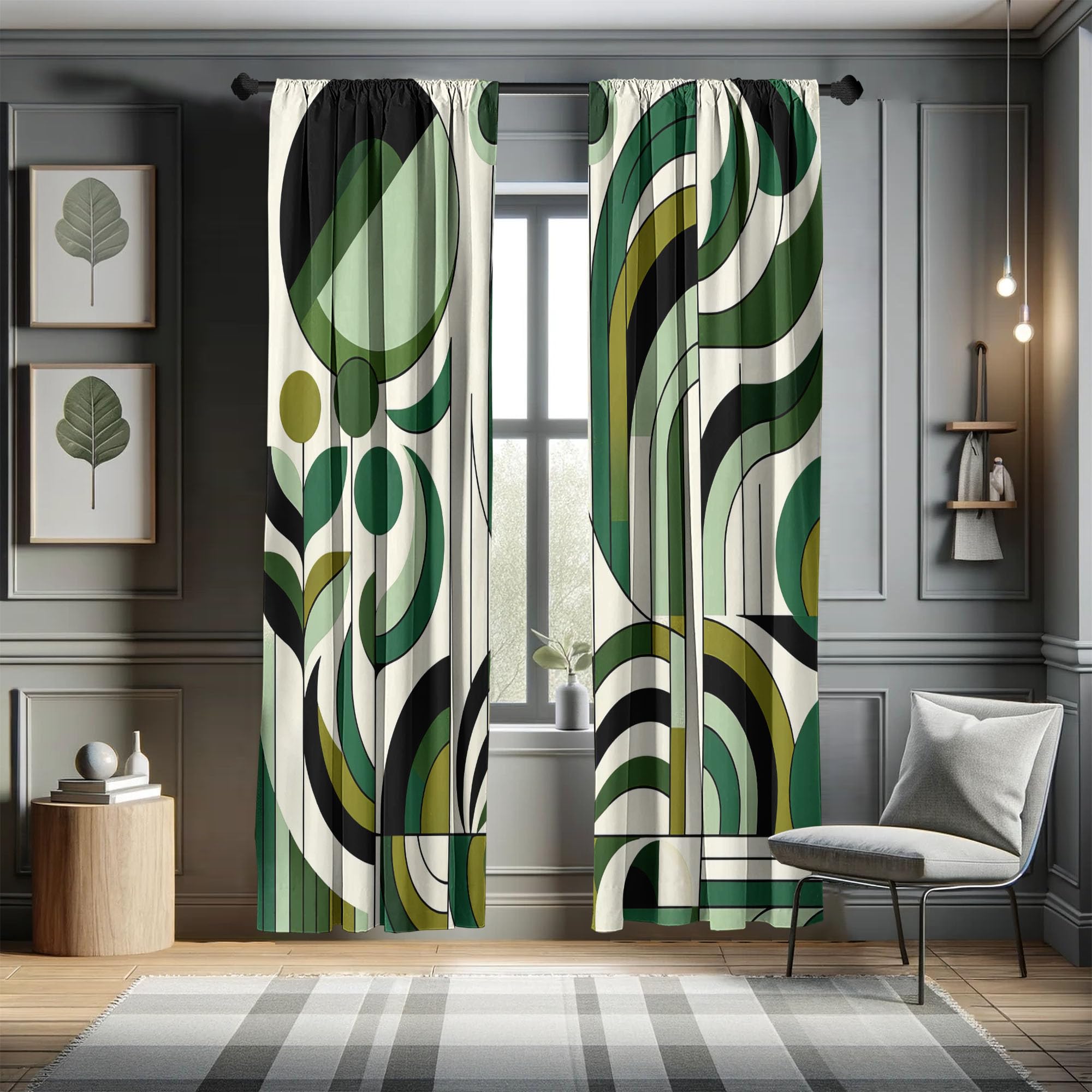 Ambesonne Mid Century Modern Window Curtains, Leafy Atmosphere Abstract Designed Roundy Branches Swirls Boho, Lightweight Decora