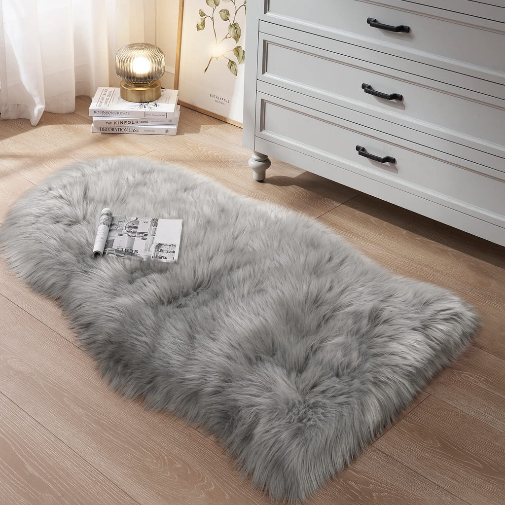 Small Faux Fur Rug, 2X4 Ft Ultra Soft Sheepskin Rug Chair Sofa Cover Seat Pad, Grey Fluffy Shag Rug For Bedroom Nursery Kids Roo