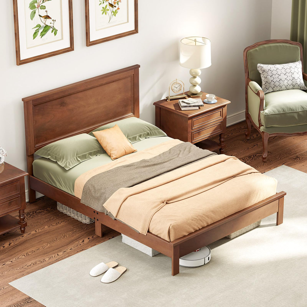 Giantex Wood Full Platform Bed Frame with Headboard, Mid Century Bed Frame with Solid Wood Legs & Wooden Slat Support, Pallet Be
