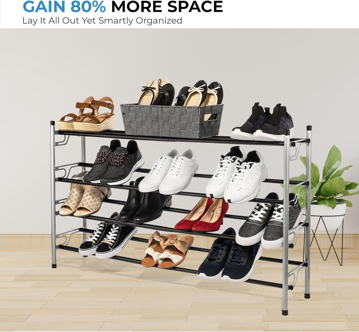 4-Tier Adjustable Freestanding Shoe Rack with Flat or Angled Shelves, Chrome Finish