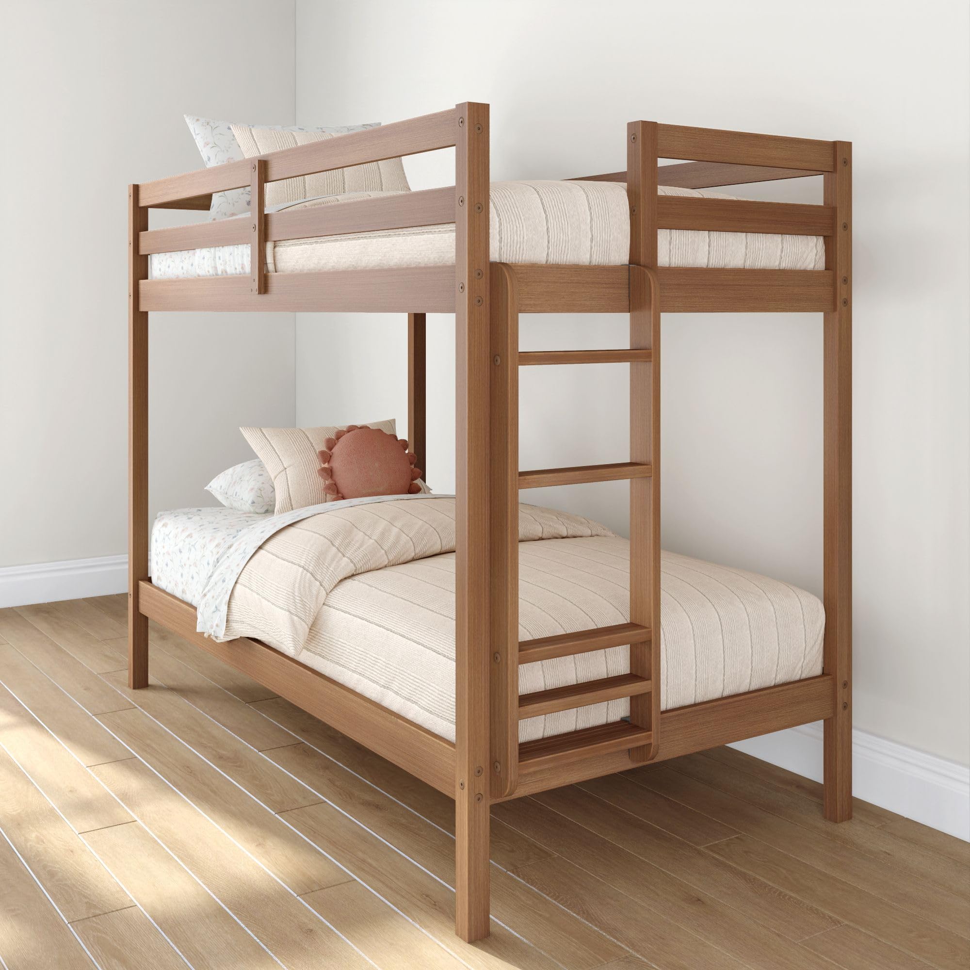 Grain & Grove Bear Twin Over Twin Bunk Bed, Sturdy Bunk Bed Frame for Kids, Plywood Bunk with Ladder, Guardrail, and Slats, No B