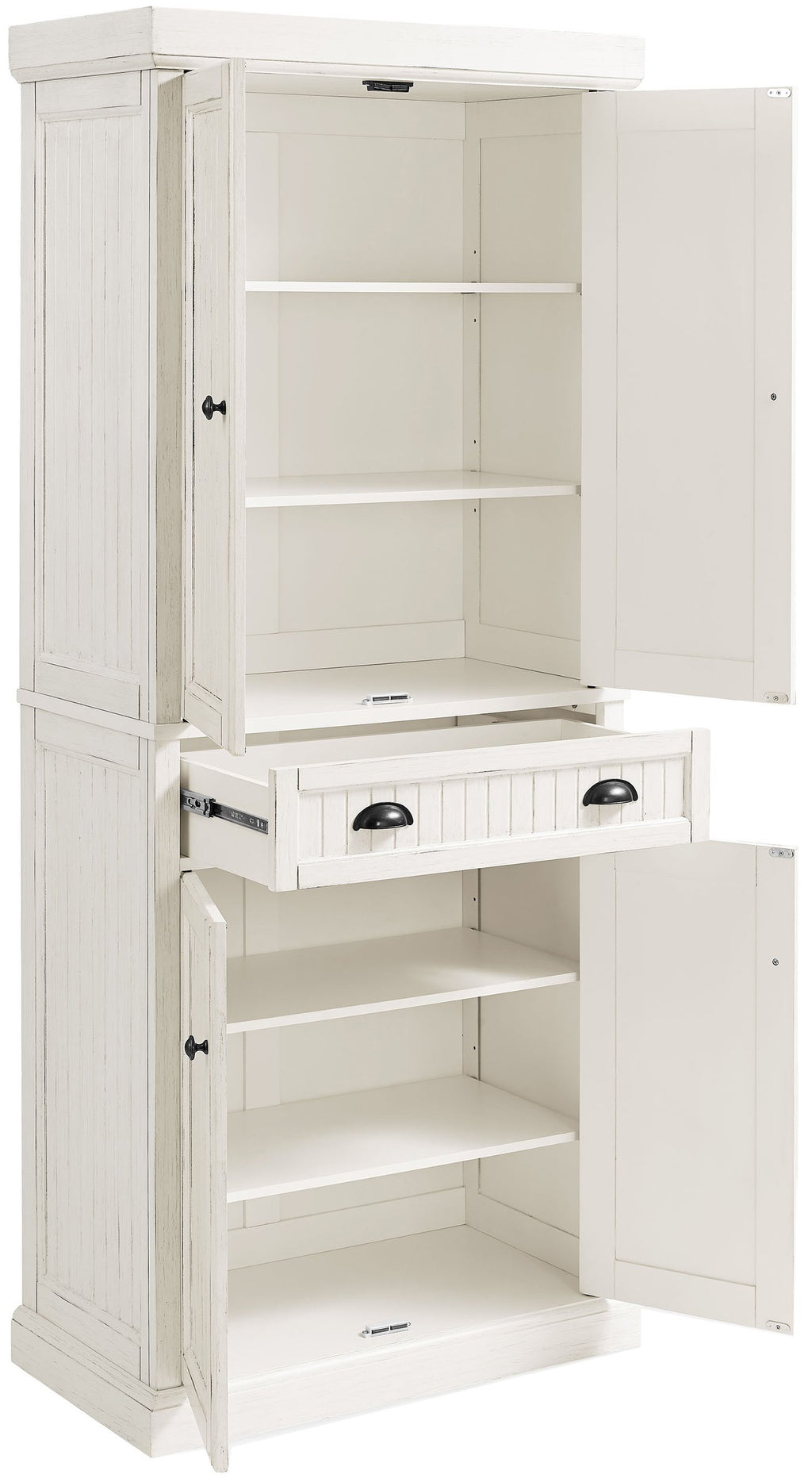 Crosley Furniture Seaside Coastal Pantry Storage Cabinet with Shelves, Kitchen, Dining, or Laundry Room, Distressed White