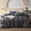 Iyuan 100% Washed Cotton Duvet Cover Set Comfy Simple Style Soft Breathable Textured Durable Linen Feel Bedding For All Seasons
