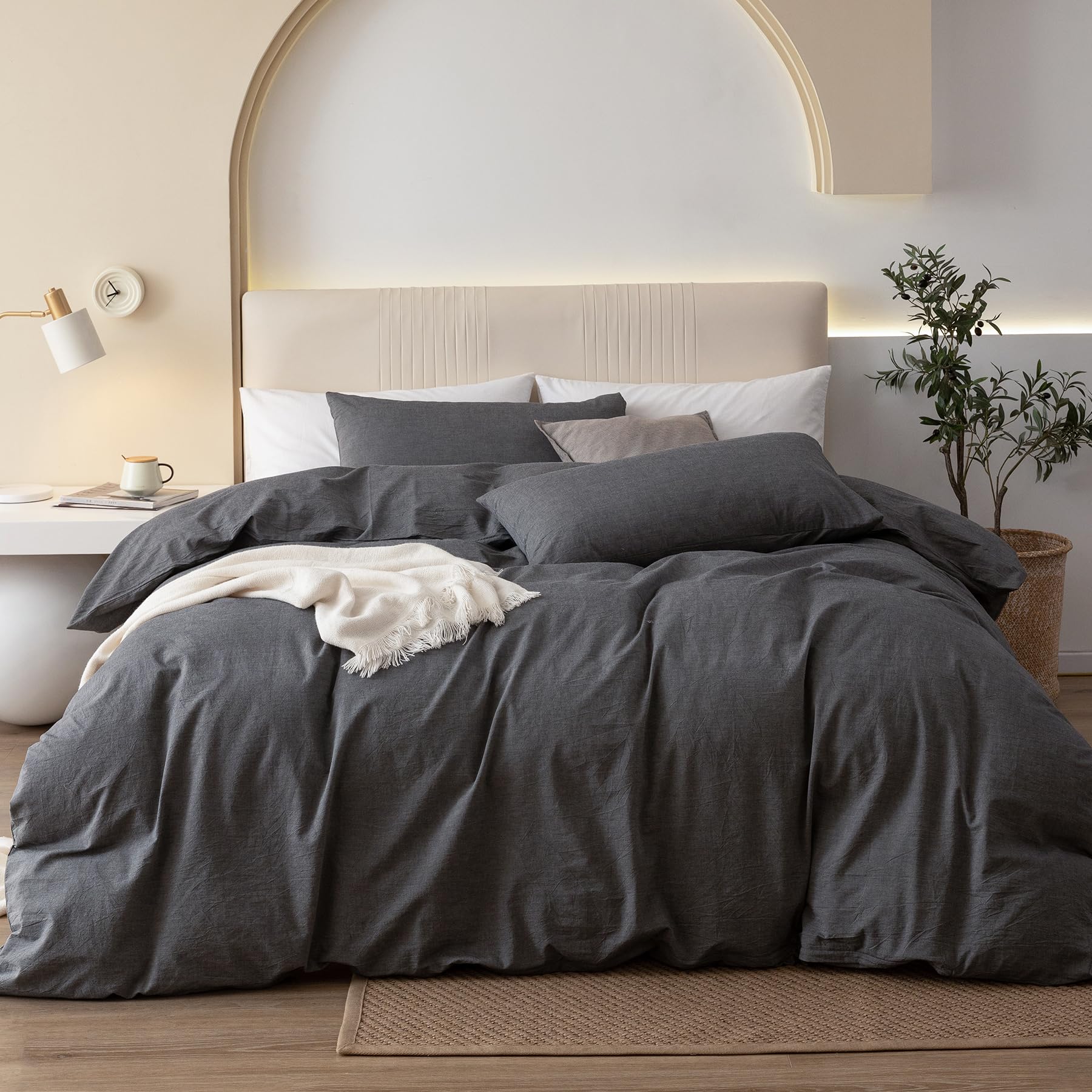 Iyuan 100% Washed Cotton Duvet Cover Set Comfy Simple Style Soft Breathable Textured Durable Linen Feel Bedding For All Seasons