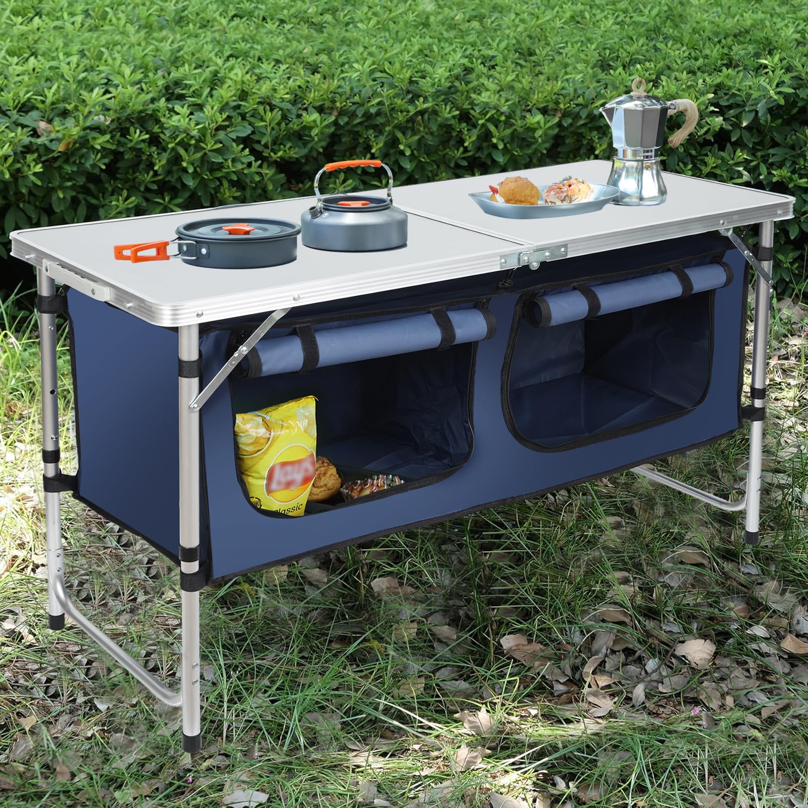 JOUYEK Camping Table, Folding Camping Table with Storage, Portable, Lightweight, 3 Height Adjustable Aluminum Outdoor Table for 