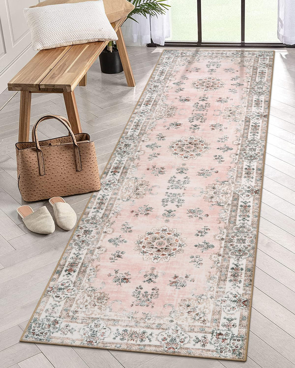 Lahome Pink Runner Rug 2'6''x8' with Rubber Backing, Boho Machine Washable Carpet Runners for Hallways Entryway Non-Slip, Soft F