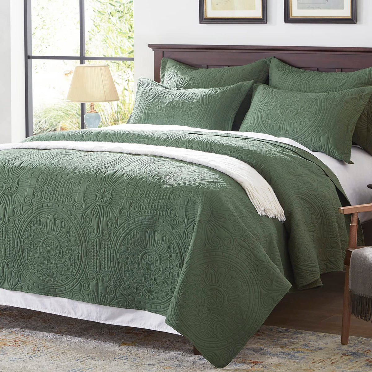 Anluoer Quilt Queen Size Bedding Set-Olive Green Embossed, Bedspreads-Lightweight Summer Soft Microfiber Bedspread, Bed Coverlet