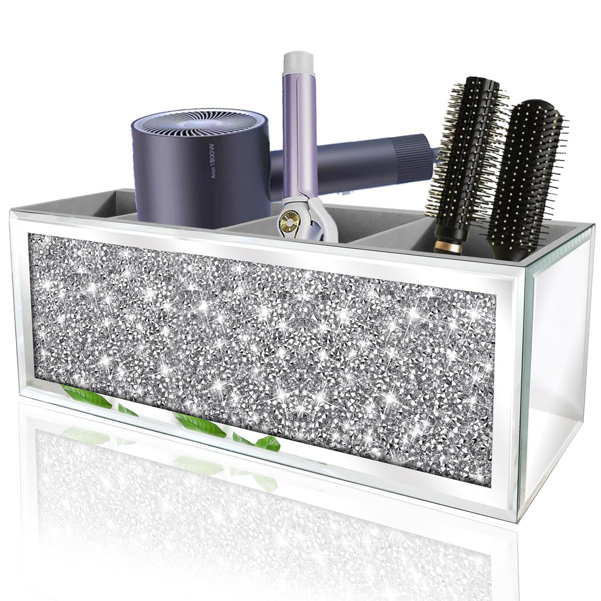 XIHACTY Mirror Hair Dryer Holder.(4 compartments).Crystal Crush Diamond Hair Tool Organizer Wall Mount. Silver Bathroom Cabinet 