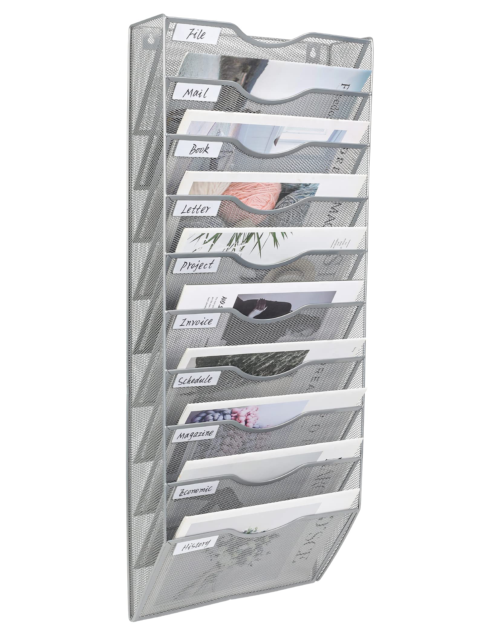 Pag Hanging Wall File Holder Organizer Mail Sorter Literature Rack For Office, 10 Pockets, Silver