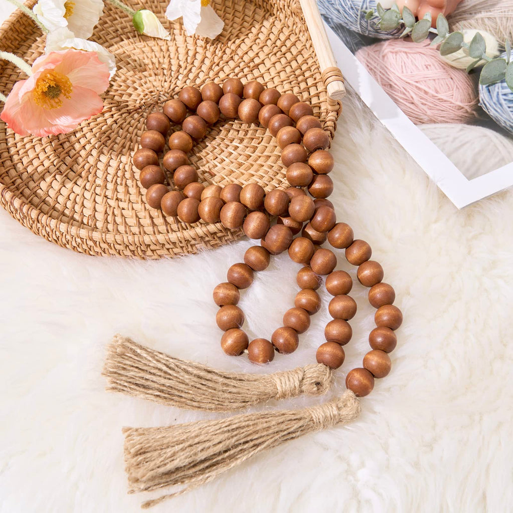 Omishe Wood Bead Garland With Tassels, 59In Wooden Beads Garland, Decorative Beads Garland Decor, Farmhouse Beads Garland For Wa