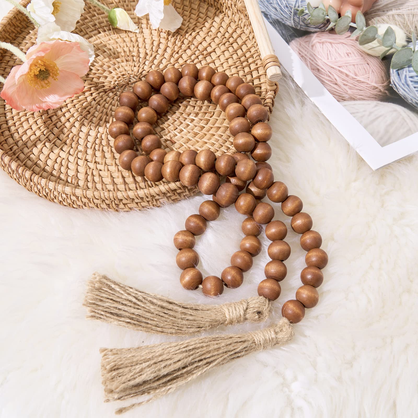 Omishe Wood Bead Garland With Tassels, 59In Wooden Beads Garland, Decorative Beads Garland Decor, Farmhouse Beads Garland For Wa