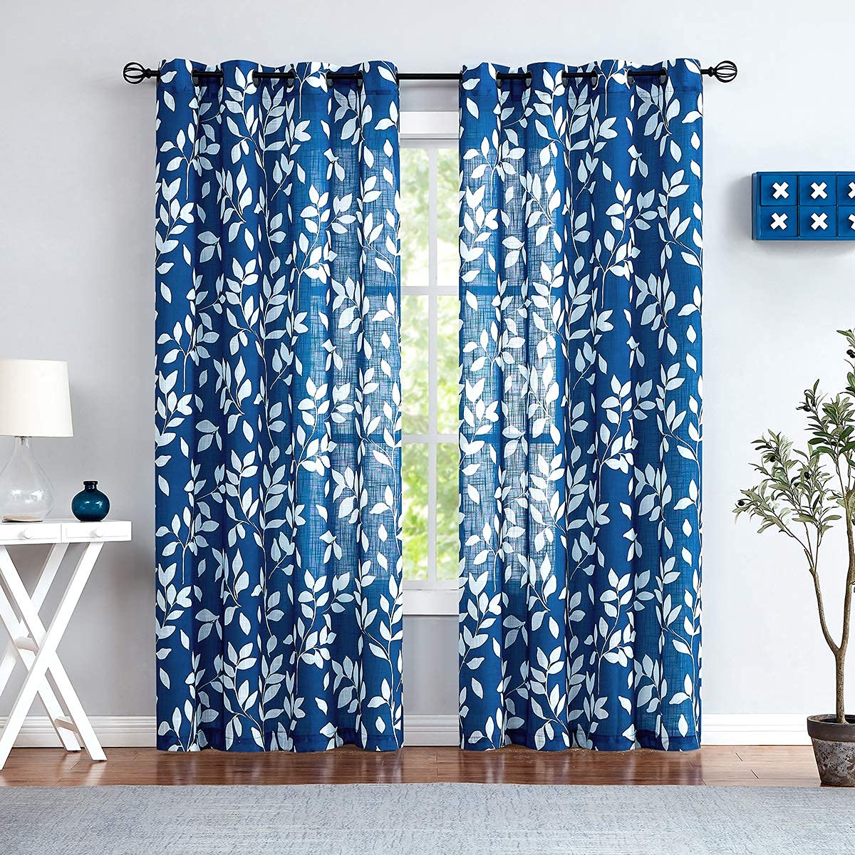 Treatmentex Navy Blue Semi-Sheer Curtains for Bedroom 95 Long White Leaf Print Curtains for Living Room Grommet Top Window Panel