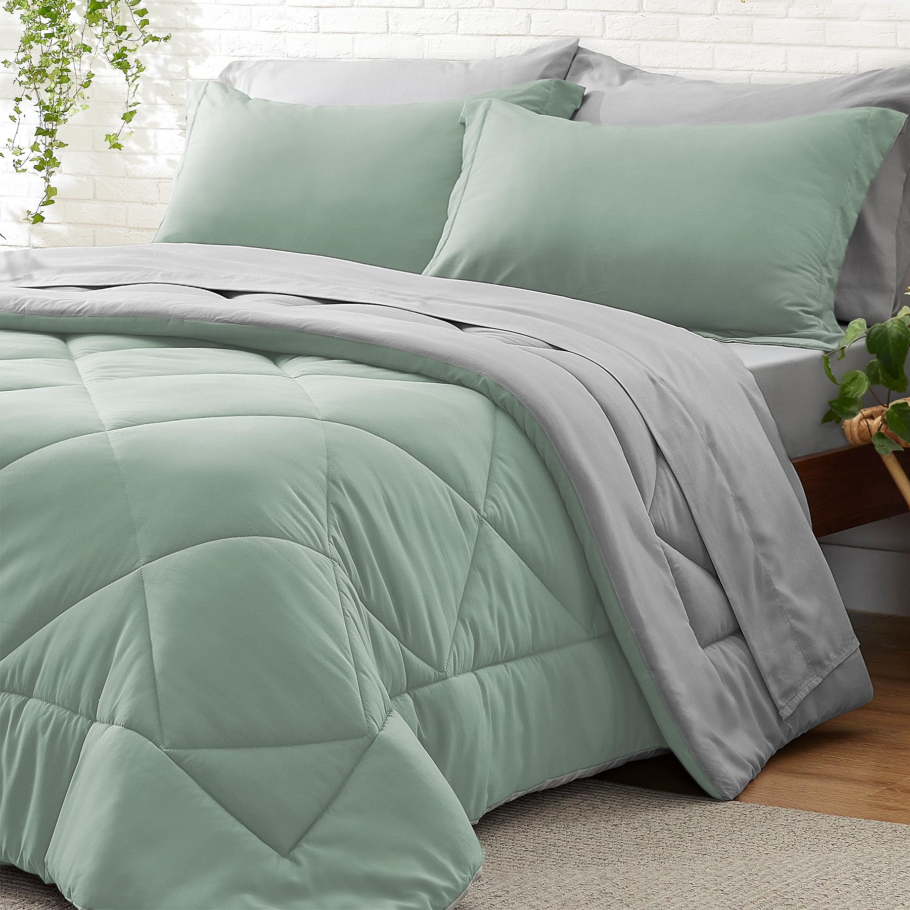 Bedelite King Size Comforter Set 7 Pieces Bed In A Bag - Soft Microfiber Reversible Sage Green Bed Set With Comforters, Sheets,
