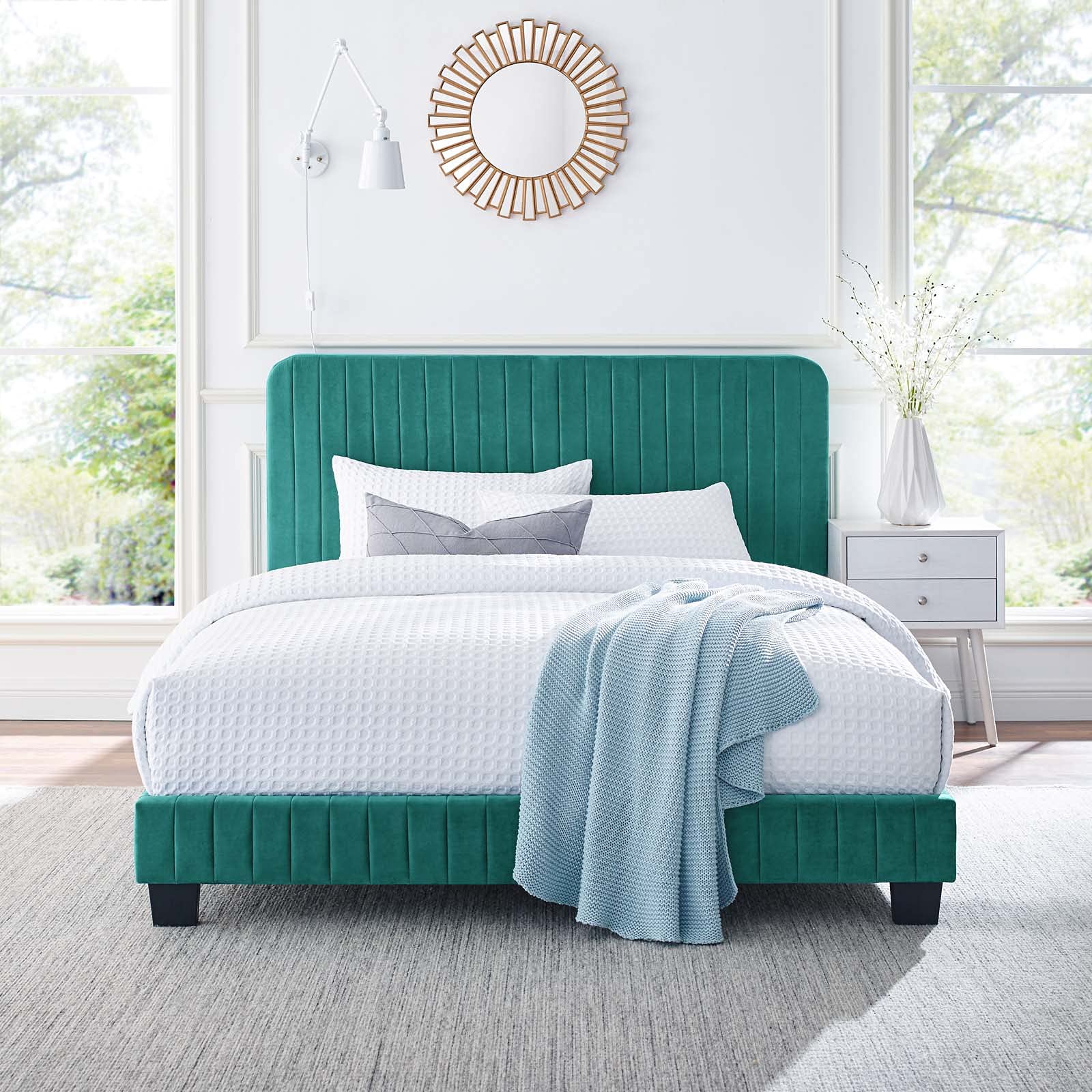 Modway Celine Channel Tufted Performance Velvet Full Platform Bed in Teal