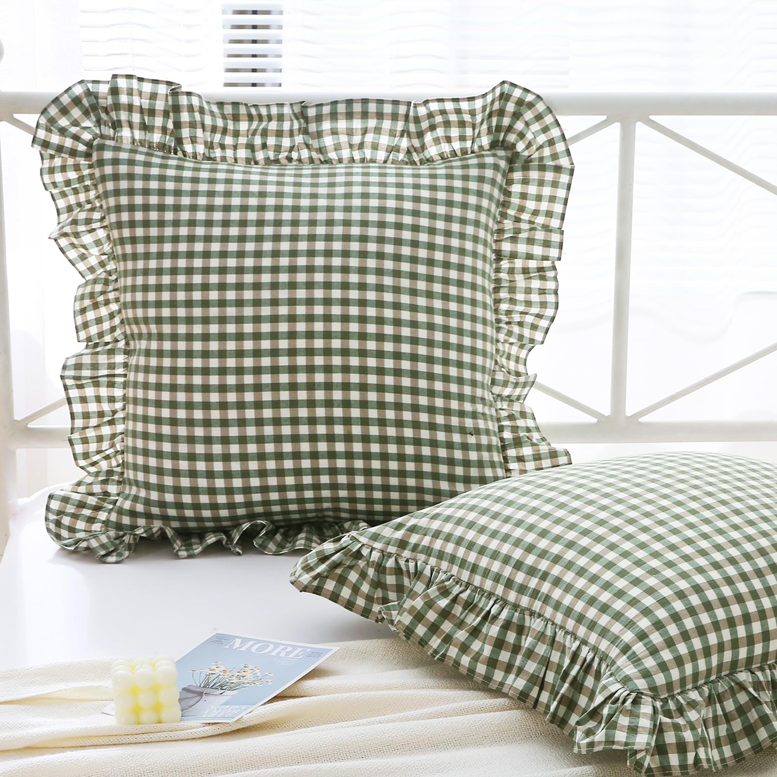 Mywinlle Sage Green Plaid Ruffle Throw Pillow Covers For Couch 20''X20'',2 Pack Vintage Checkered Washed Cotton Pillow Cases For