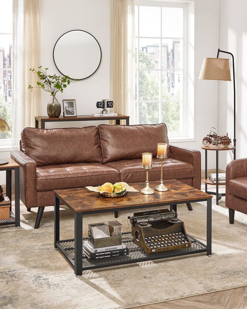 VASAGLE Coffee Table, 2-Tier Industrial Design, Steel Frame, 23.7"D x 41.8"W x 17.7"H, Rustic Brown, Model ULCT61