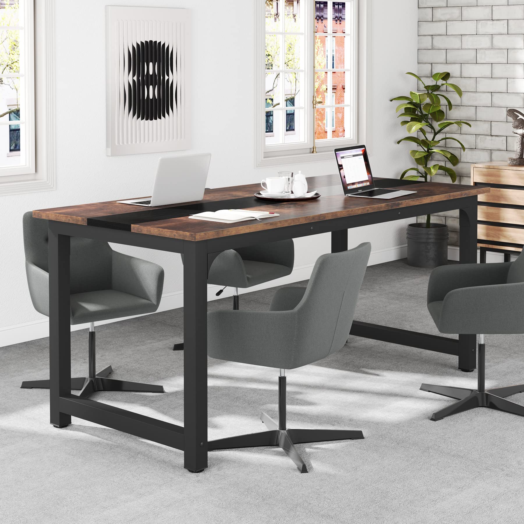 Tribesigns 70.8”Executive Desk, Large Office Computer Desk With Thicken Frame, Modern Simple Workstation Business Furniture For Home Office, Vintage Brown/Black