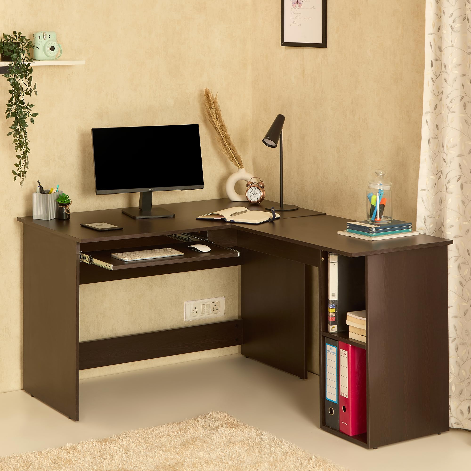 Green Soul Brixton LShape Computer Table For Home Pc, Keyboard Tray, 2 Storage Shelves, Is3087 Engineered Wood, Expansive Tabl