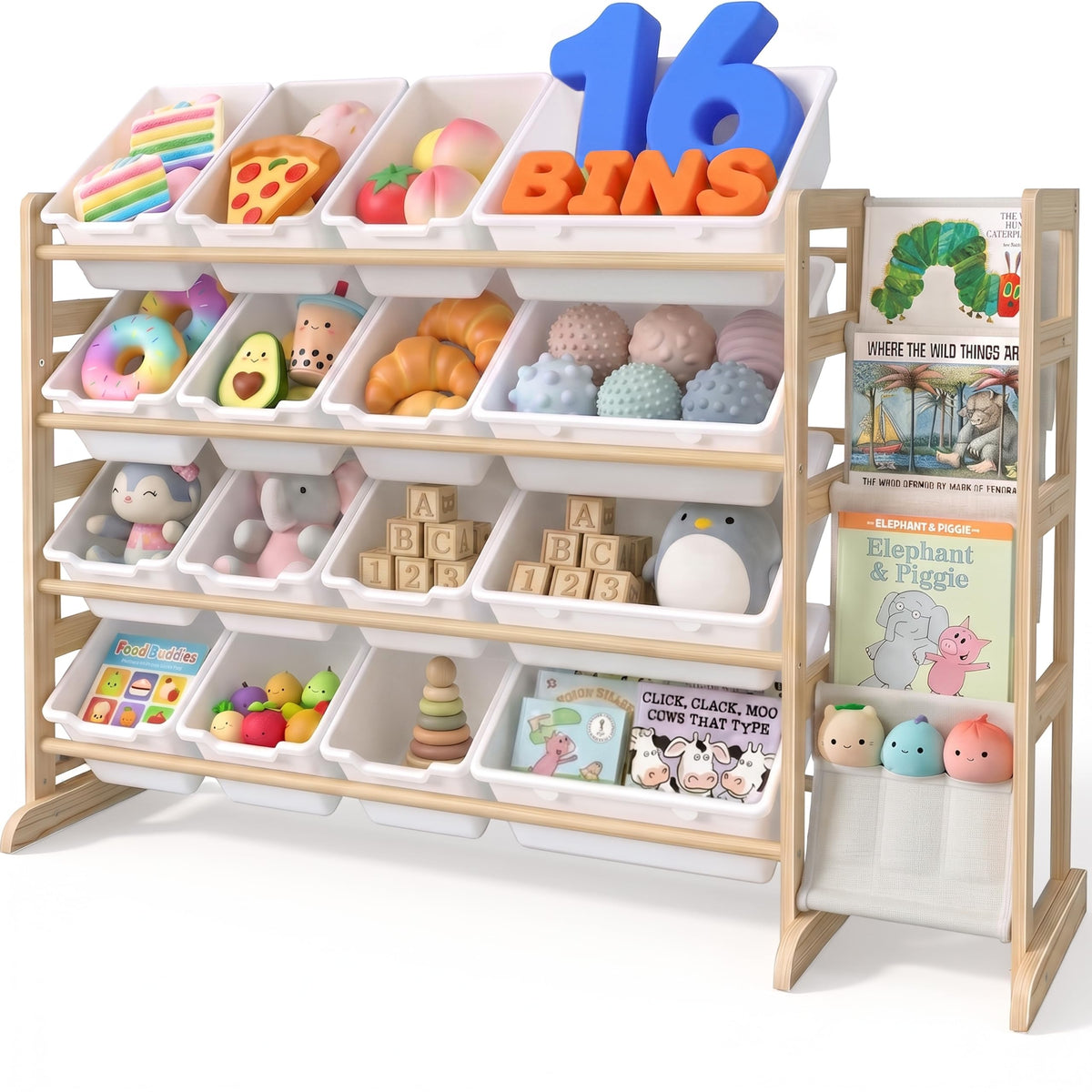 NUTIKAS Toy Storage Organizer with Bookshelf  Wooden 16 Bins Kids Toy Organizer Rack, Solid Pine Wood, Toys Box for Toddler, Pl