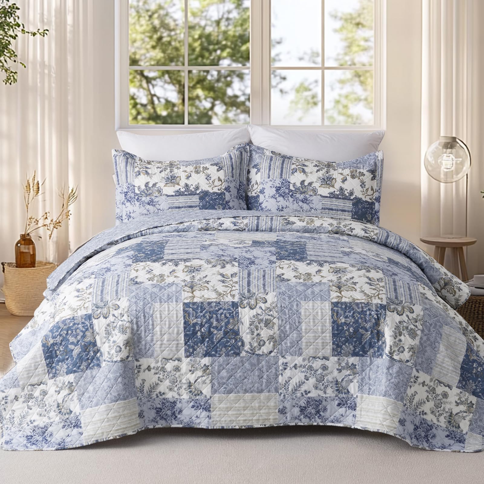 Goone Fade-Resistant Blue Floral Quilt Set King Size - 106 'X96 ', King Patchwork Quilt Spring Bedding Set, Reversible Boho Li