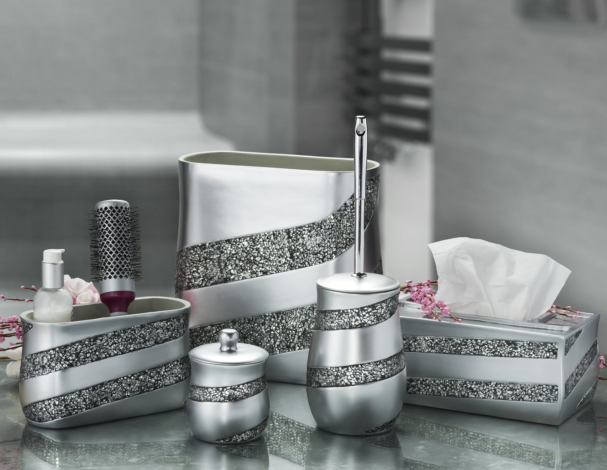 Creative Scents Silver Mosaic Qtip Holder - Decorative Cotton Ball Jar - Durable Resin Cotton Swab Dispenser - Beautiful Bathroo