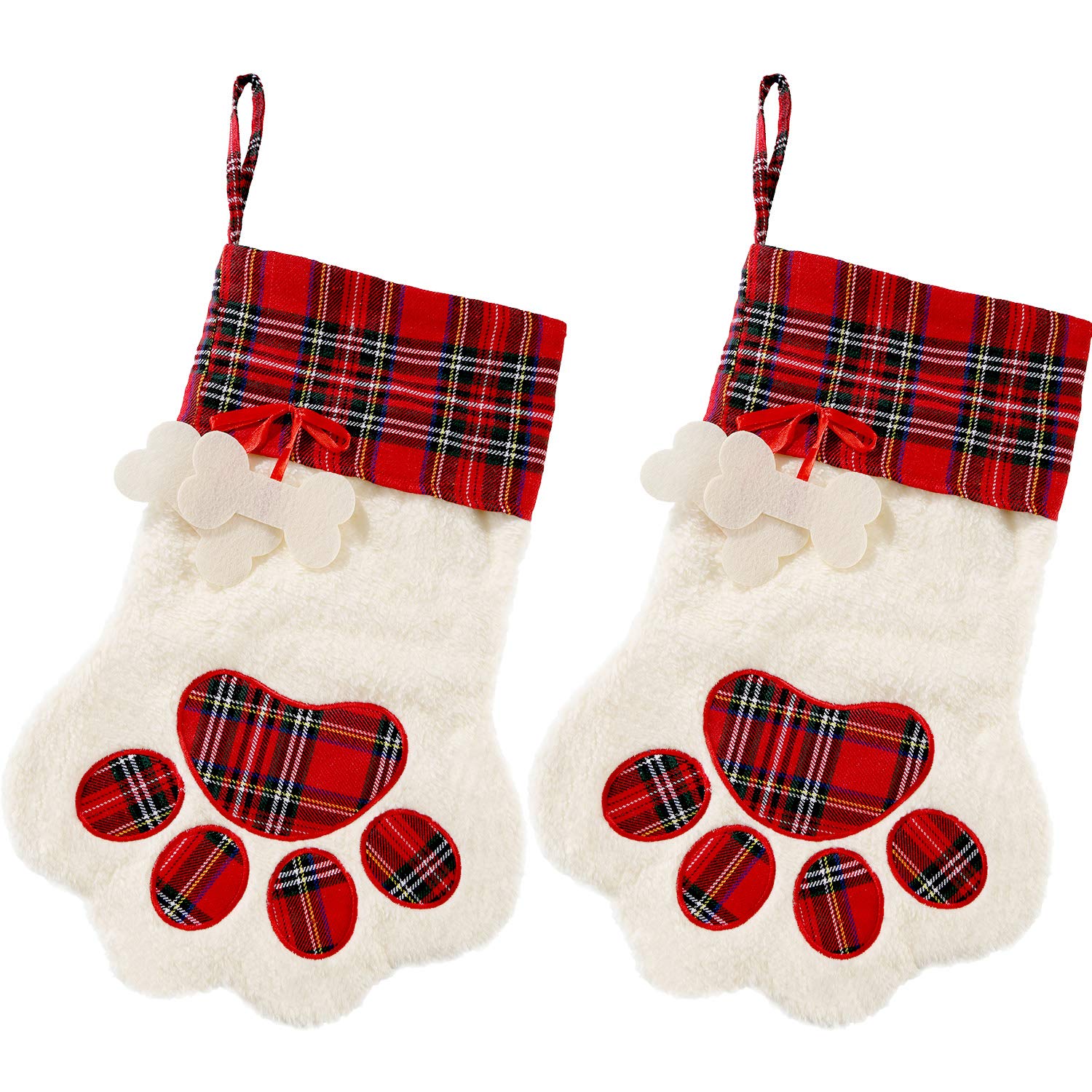 Jetec 2 Pieces Christmas Pet Stockings Cat Dog Paw Pattern Stockings Buffalo Plaid Fireplace Hanging Stockings for Christmas Fir