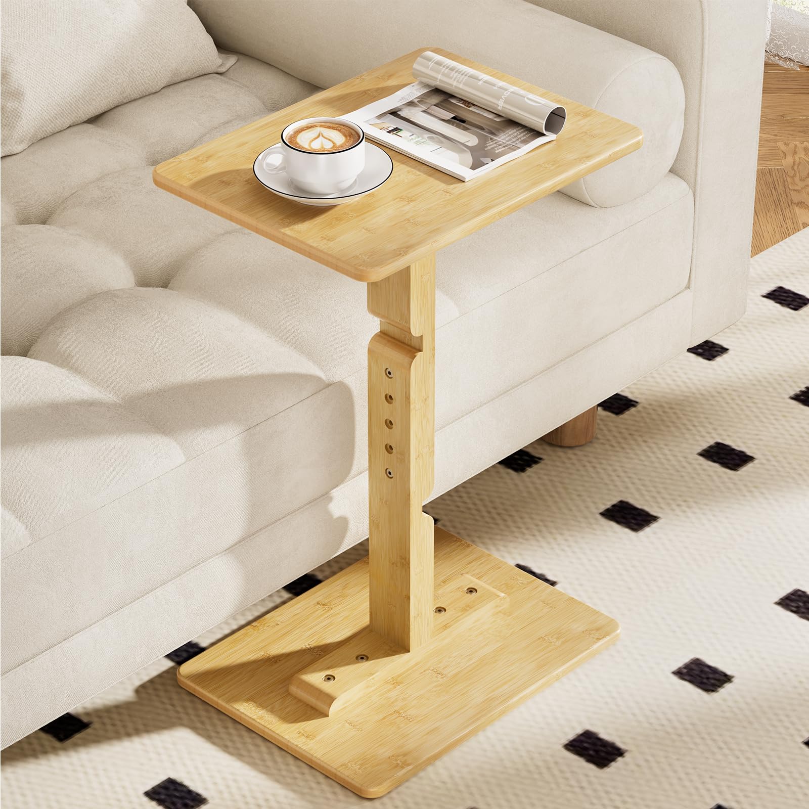 Amazer Bamboo End Table, Height Adjustable Side Table for Couch, Small Drink Table for Small Places, Sofa Tray Table for Living 