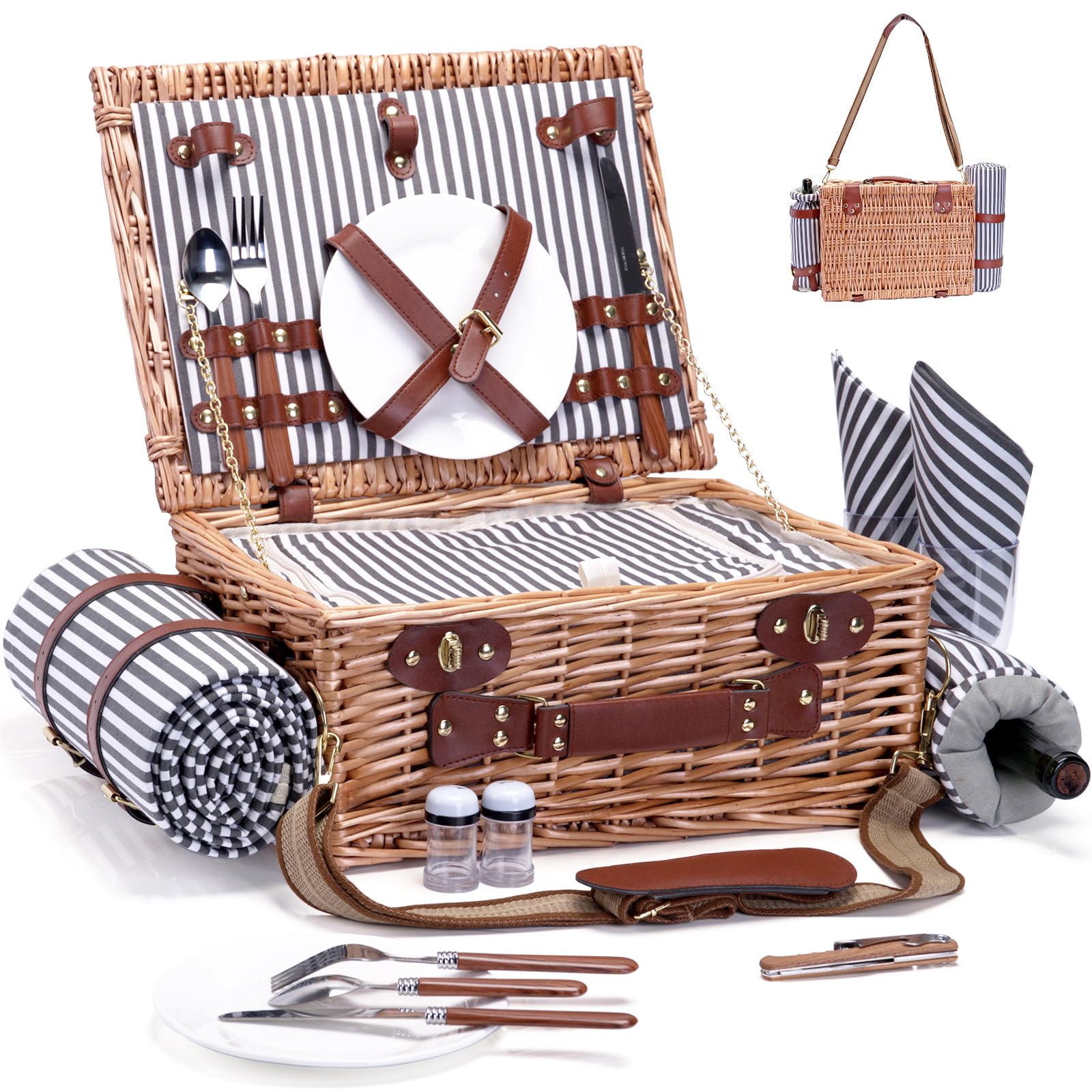 Picnic Basket with Blanket and Wine Pouch for 2 Wicker Picnic Set with Insulated Liner Cooler Bag Hamper for Camping,Wedding,Val